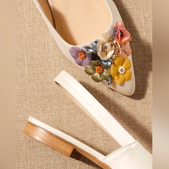 New Pokemaoke x BHLDN Alta 3D Flowers 6 Ivory Satin Floral Slingback Formal - Picture 7 of 12